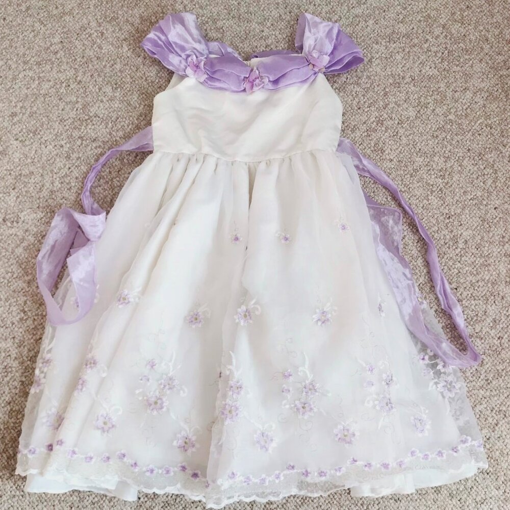 Off White Purple Flower Girl Special Occasion Embroidered Layered Flared Dress 7